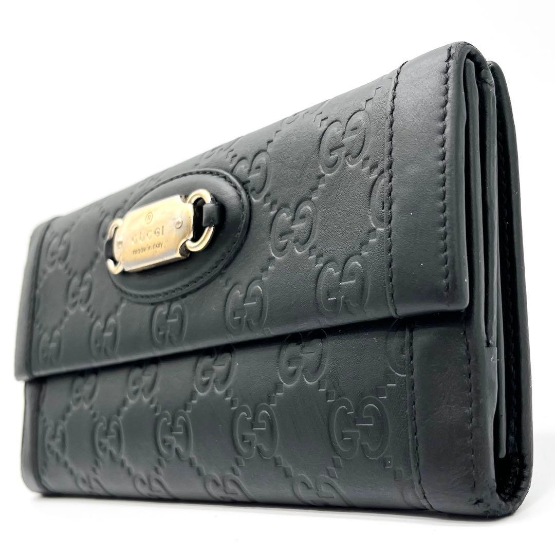 【美品】GUCCI 長財布　二つ折り　グッチシマ　レザー　ブラック　プレート