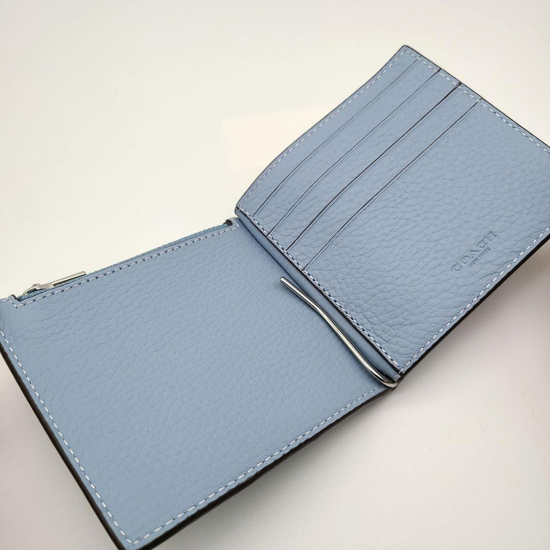 COACH マネークリップ 新品 ライトブルー 新作カラー ペブルレザー メンズ