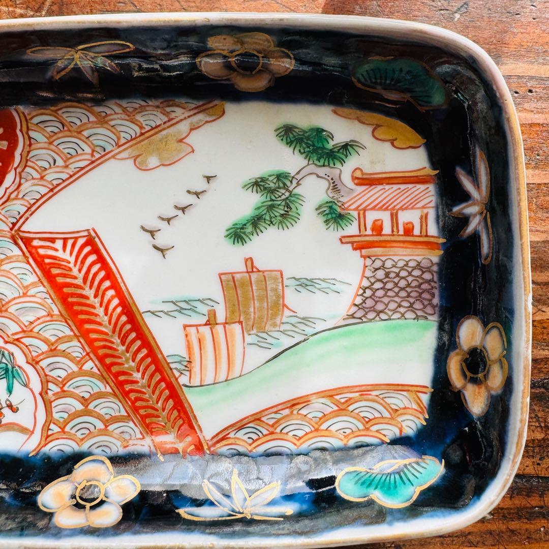 骨董皿　伊万里 錦手色絵 帆船　波　松竹梅文長皿　おまとめ