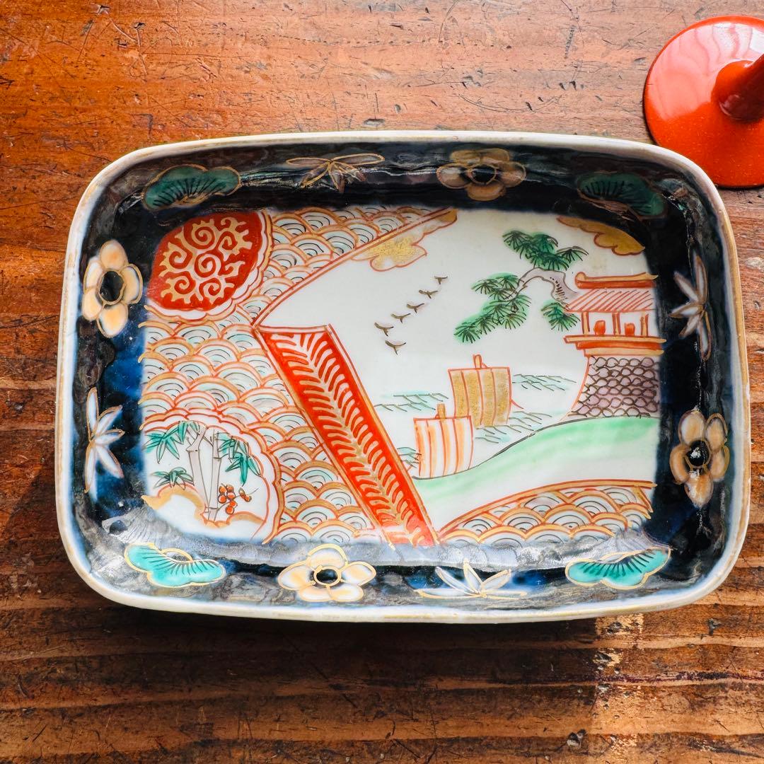 骨董皿　伊万里 錦手色絵 帆船　波　松竹梅文長皿　おまとめ