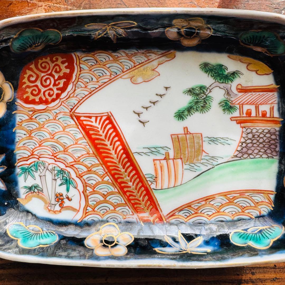 骨董皿　伊万里 錦手色絵 帆船　波　松竹梅文長皿　おまとめ