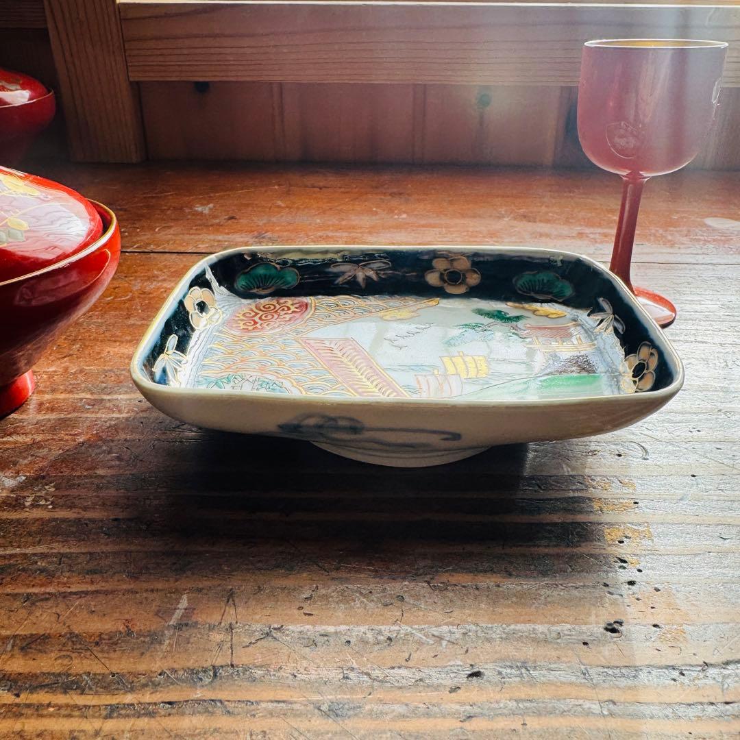 骨董皿　伊万里 錦手色絵 帆船　波　松竹梅文長皿　おまとめ