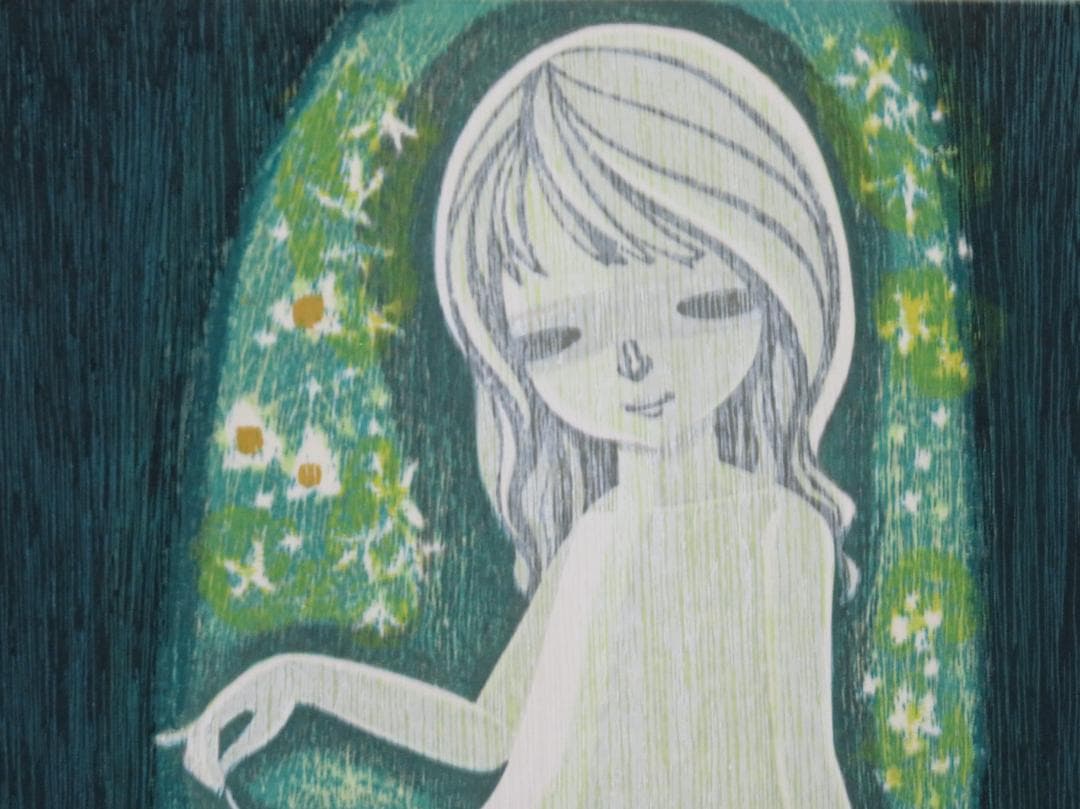 ◆　池田修三 「花の少女」　木版画　1977年　67/200　版上サインあり　◆