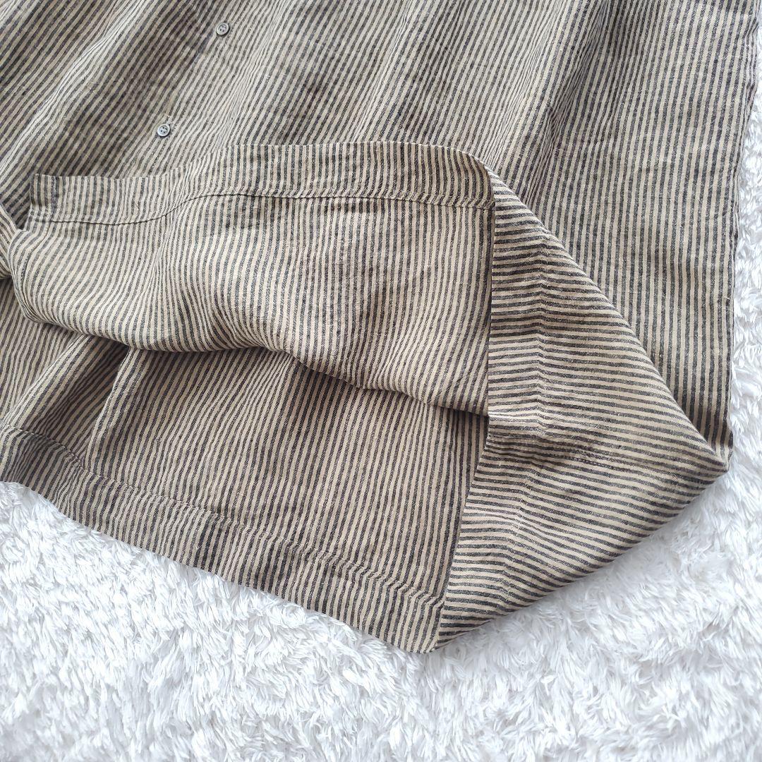 イチアンティークス リネン ストライプオーバーシャツワンピース ベージュ×グレー