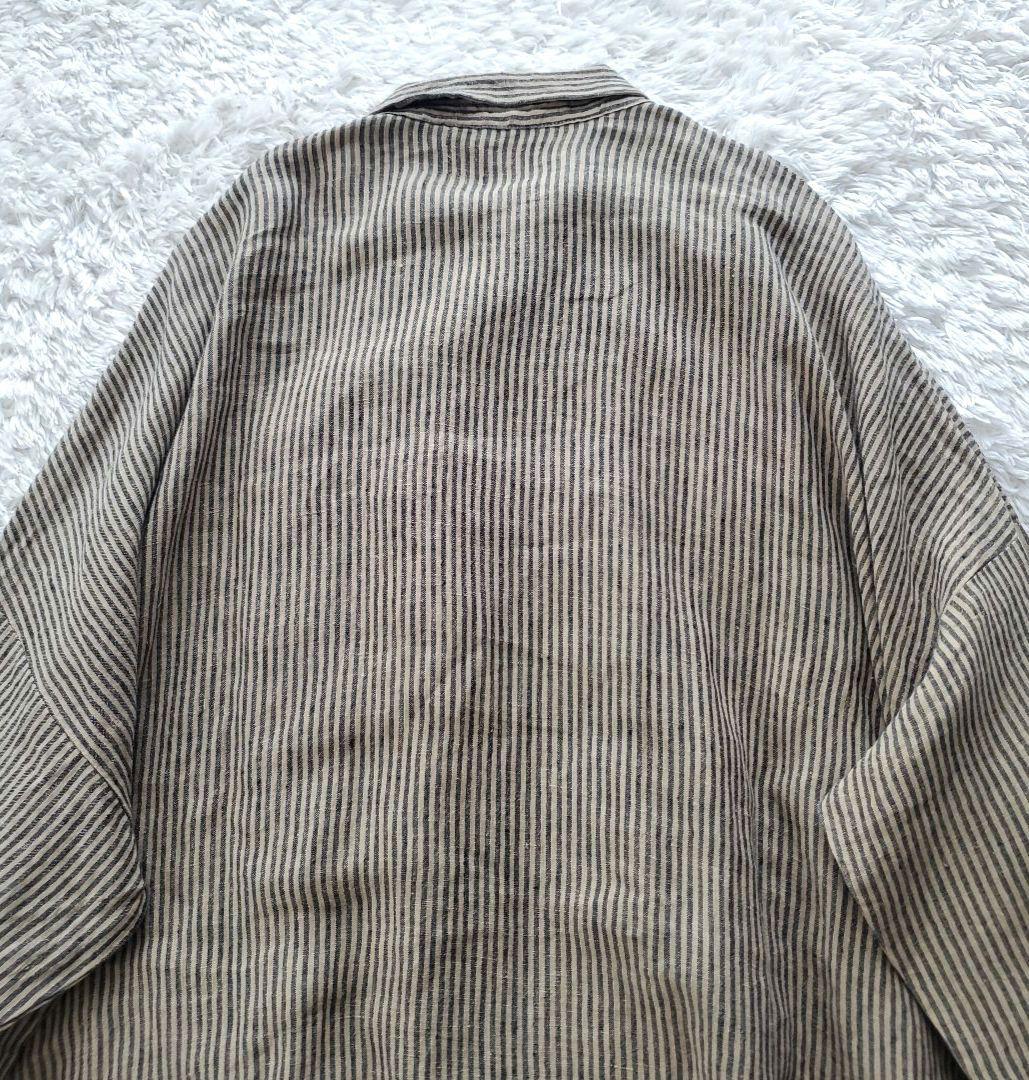 イチアンティークス リネン ストライプオーバーシャツワンピース ベージュ×グレー