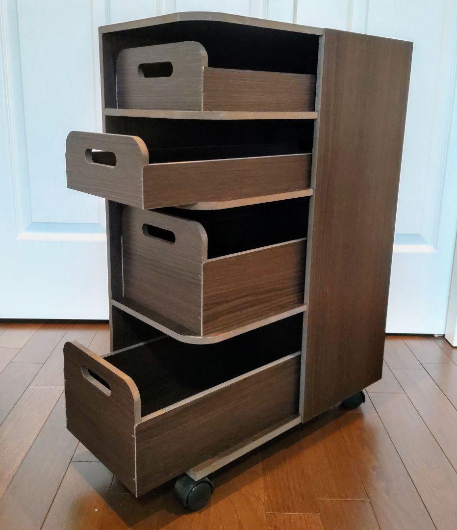 木製～スリムワゴン～収納トレー付 ４段 キャスター付 ダークブラウン