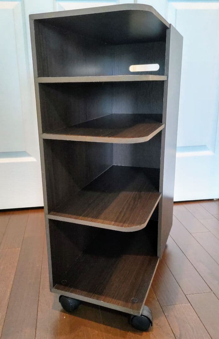 木製～スリムワゴン～収納トレー付 ４段 キャスター付 ダークブラウン