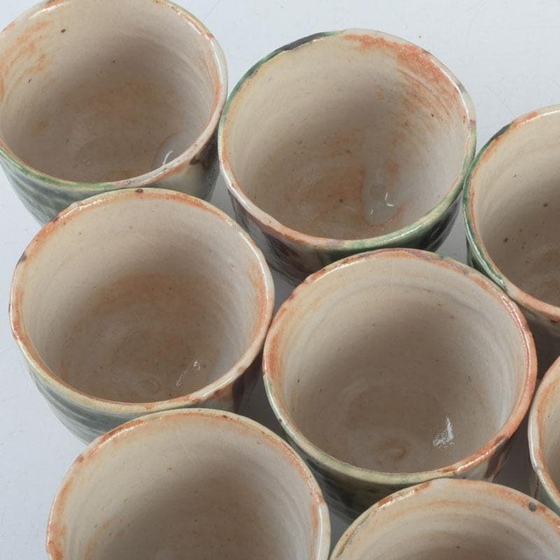 マサオ 煎茶道具　織部焼　煎茶碗　十客　陶印有　時代箱　V　9322