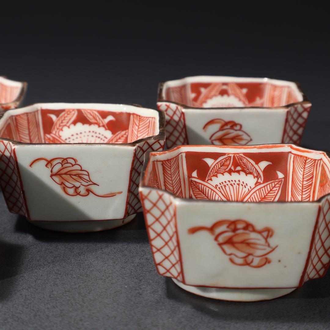 九谷赤絵　隅切　花図猪口５客　骨董　R1476wダC