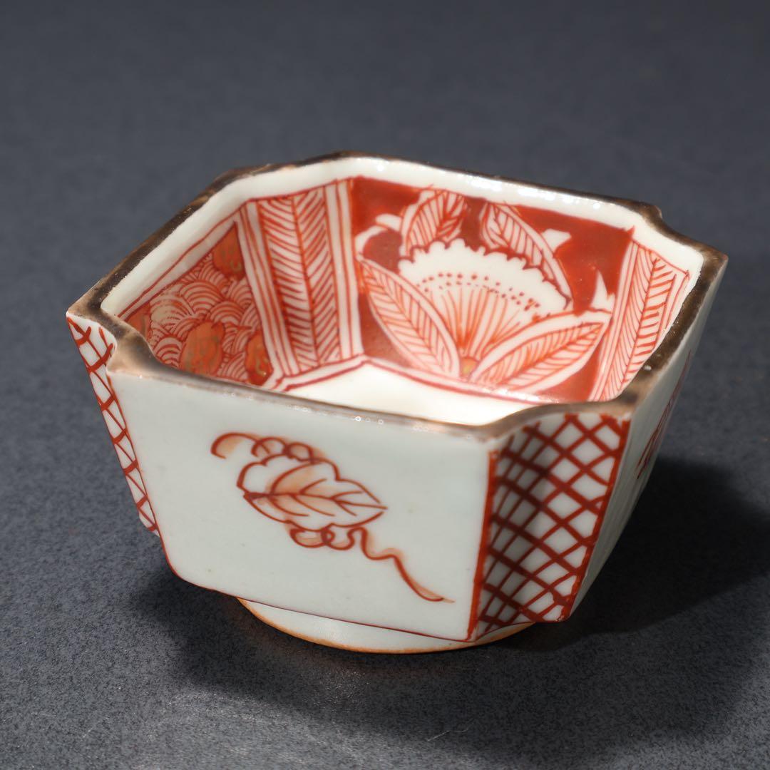 九谷赤絵　隅切　花図猪口５客　骨董　R1476wダC