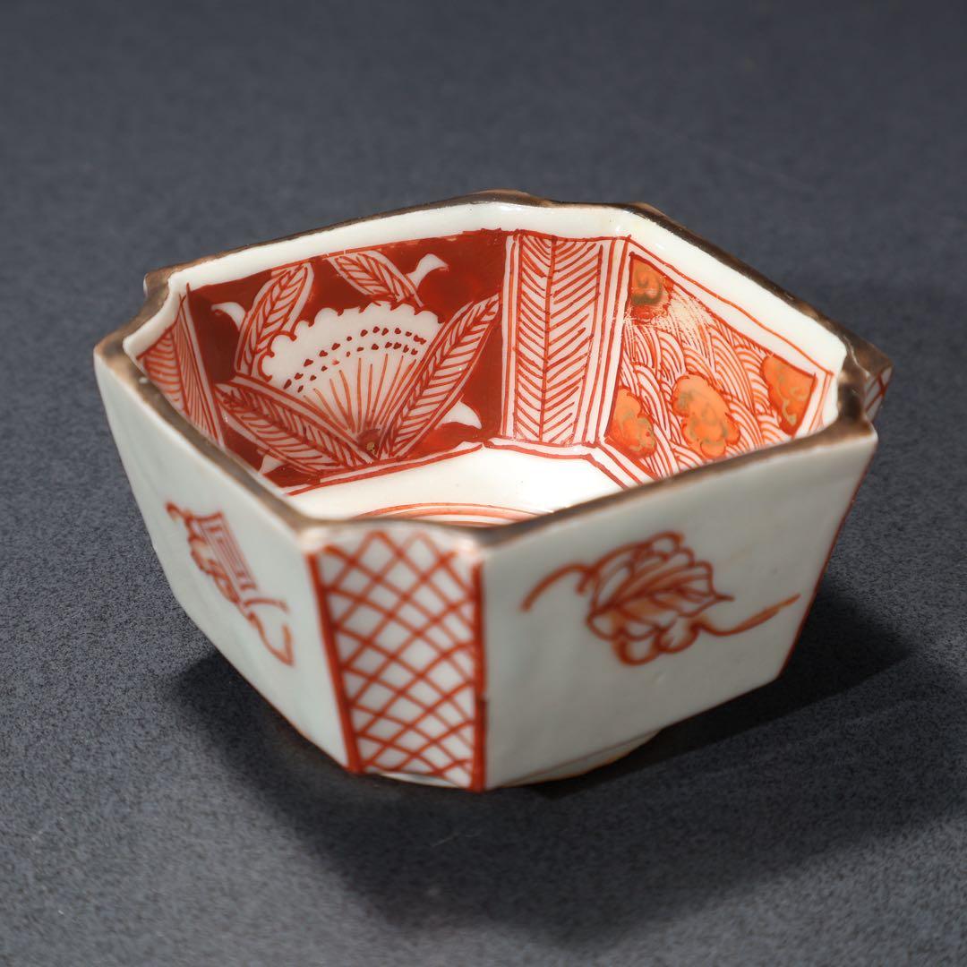 九谷赤絵　隅切　花図猪口５客　骨董　R1476wダC