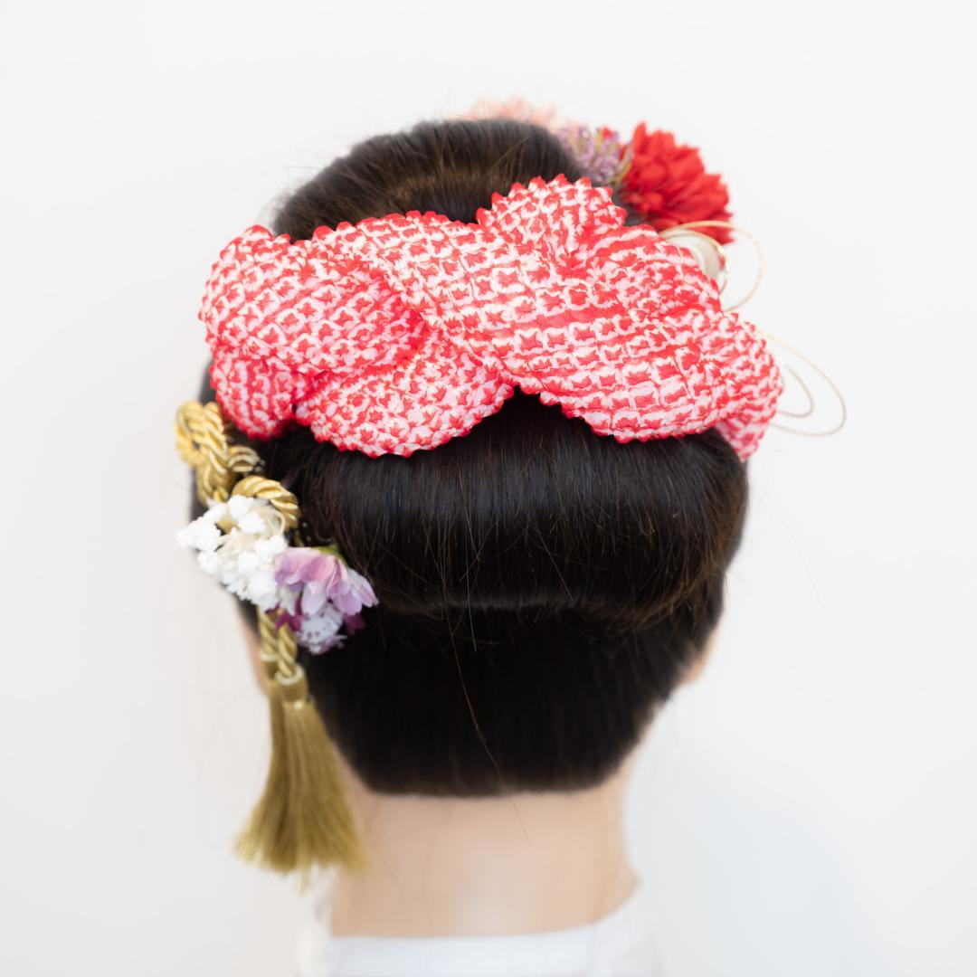 【七五三7歳/3歳日本髪髪飾りM】かのこ（鹿の子）ちんころ赤水引き組み紐ゴールド