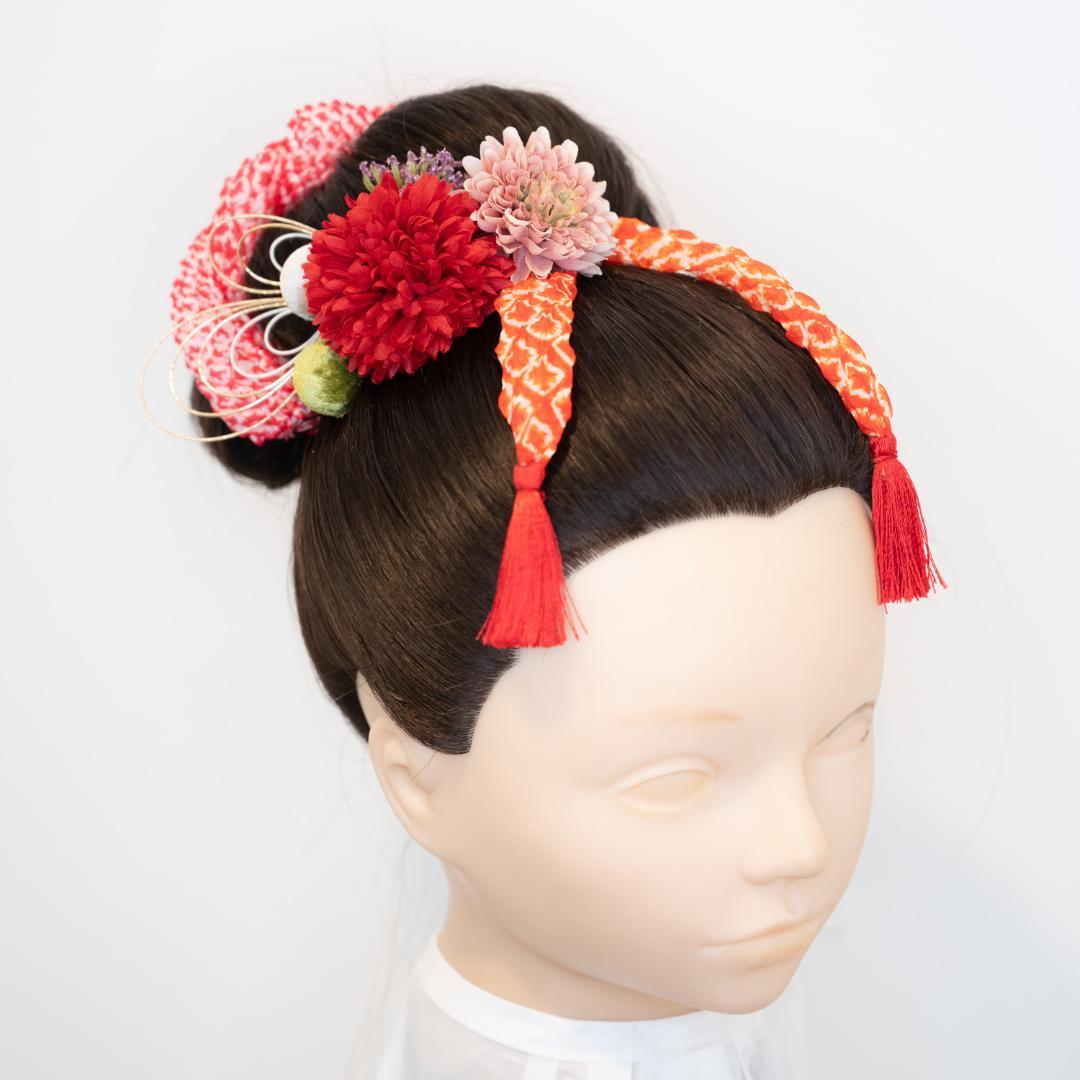 【七五三7歳/3歳日本髪髪飾りM】かのこ（鹿の子）ちんころ赤水引き組み紐ゴールド