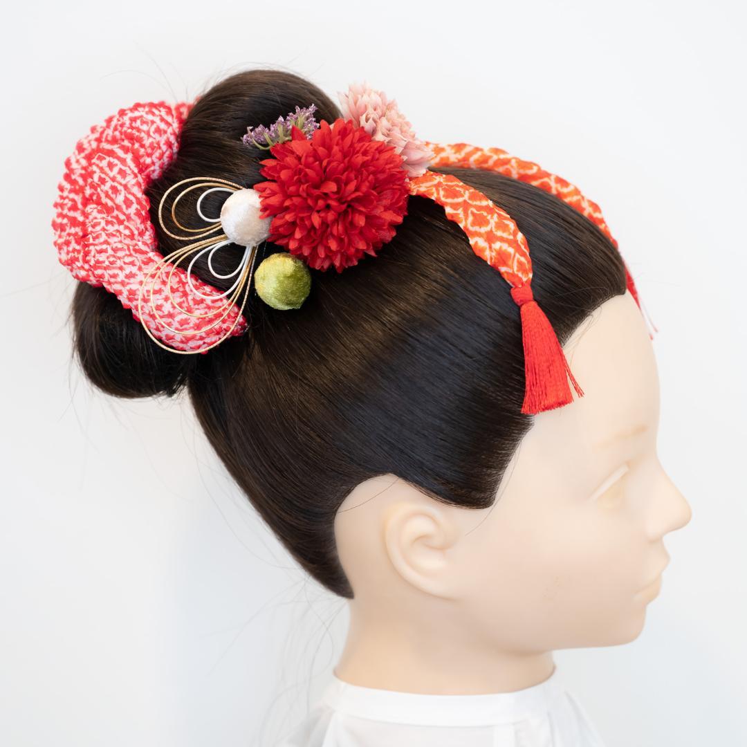 【七五三7歳/3歳日本髪髪飾りM】かのこ（鹿の子）ちんころ赤水引き組み紐ゴールド