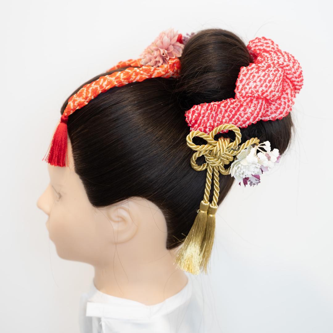 【七五三7歳/3歳日本髪髪飾りM】かのこ（鹿の子）ちんころ赤水引き組み紐ゴールド