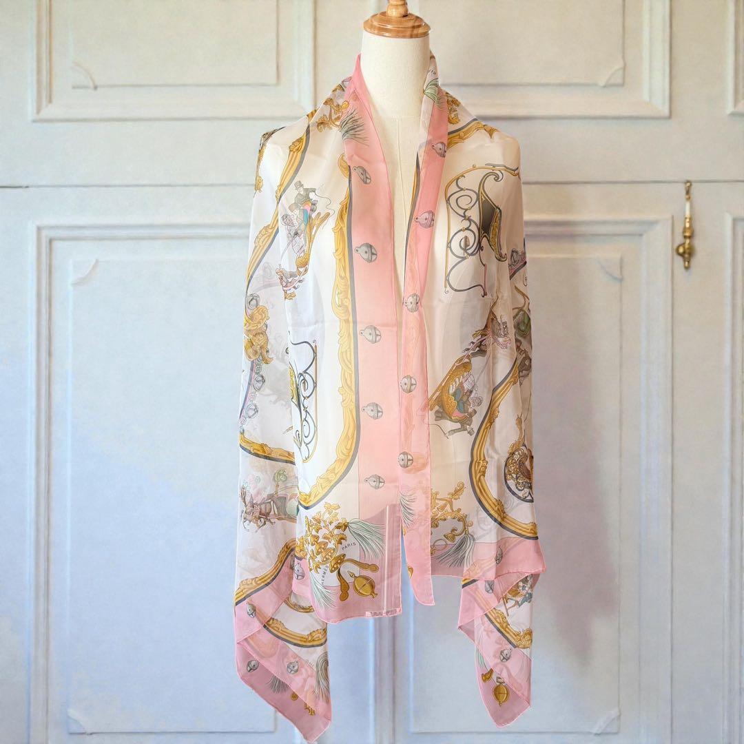 HERMES シルクモスリン ストール　羽飾りと鈴　174×89 大判