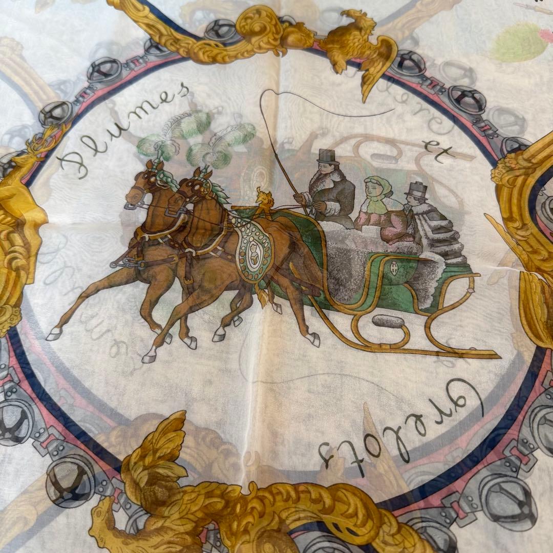 HERMES シルクモスリン ストール　羽飾りと鈴　174×89 大判