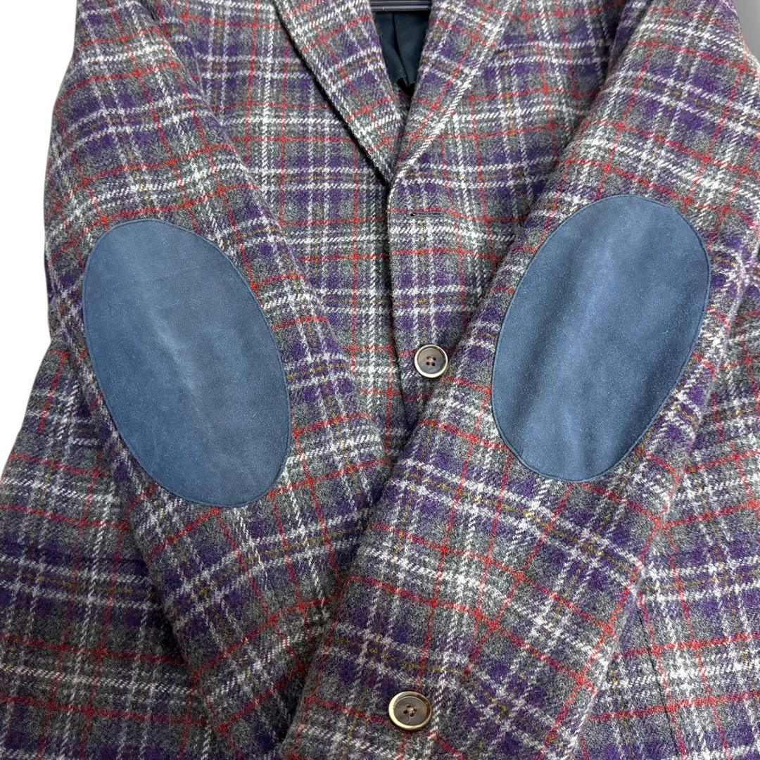 J4028 超美品 カルーゾ エルボーパッチチェック柄ツイードジャケット 48