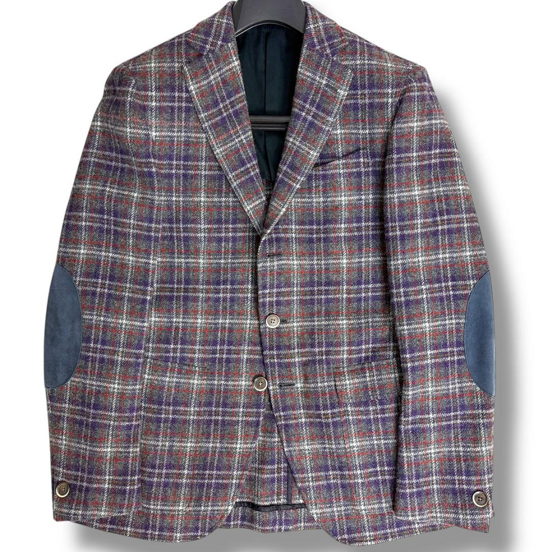 J4028 超美品 カルーゾ エルボーパッチチェック柄ツイードジャケット 48