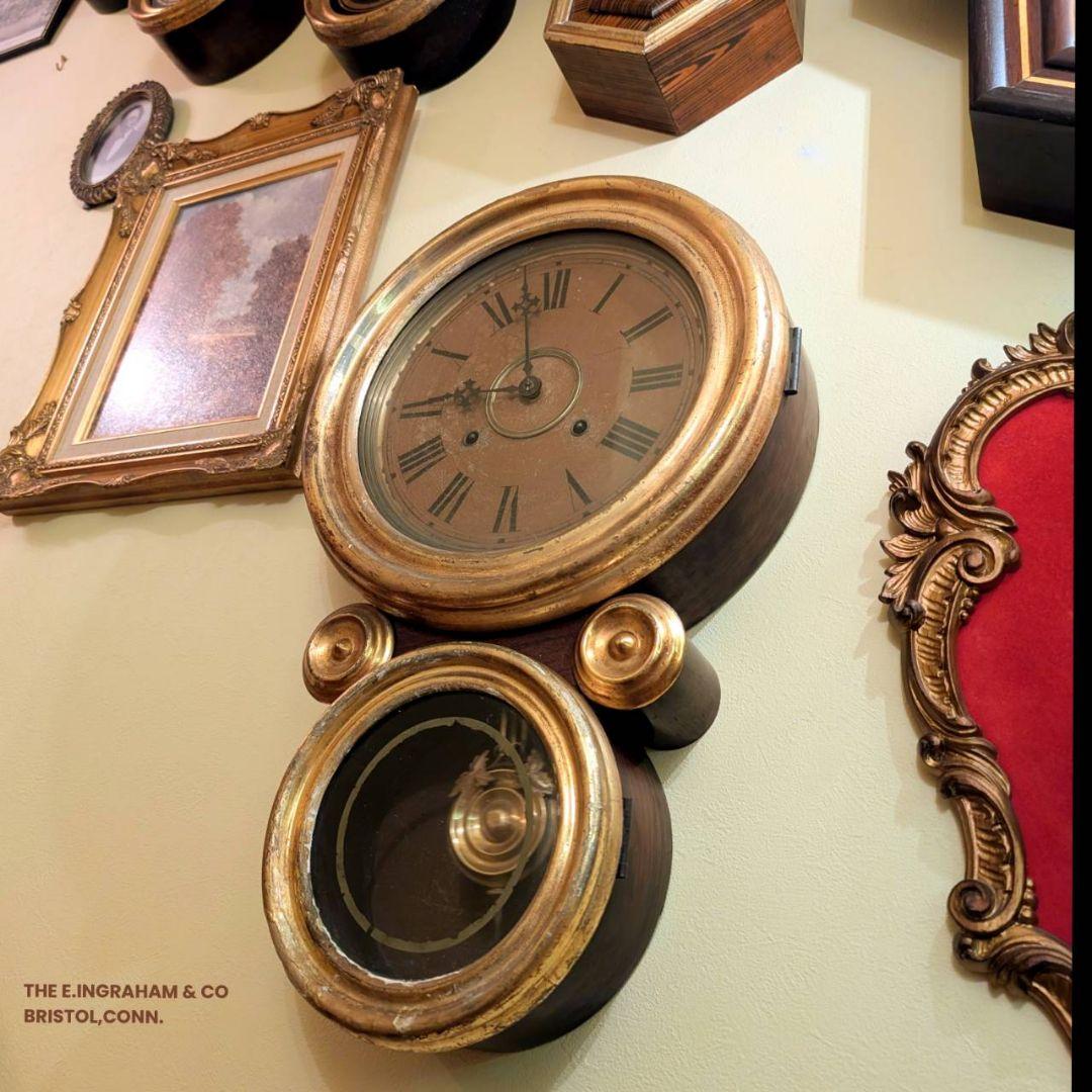 古時計　アンティーク掛時計　イングラハム掛時計　四つ丸　ゼンマイ時計
