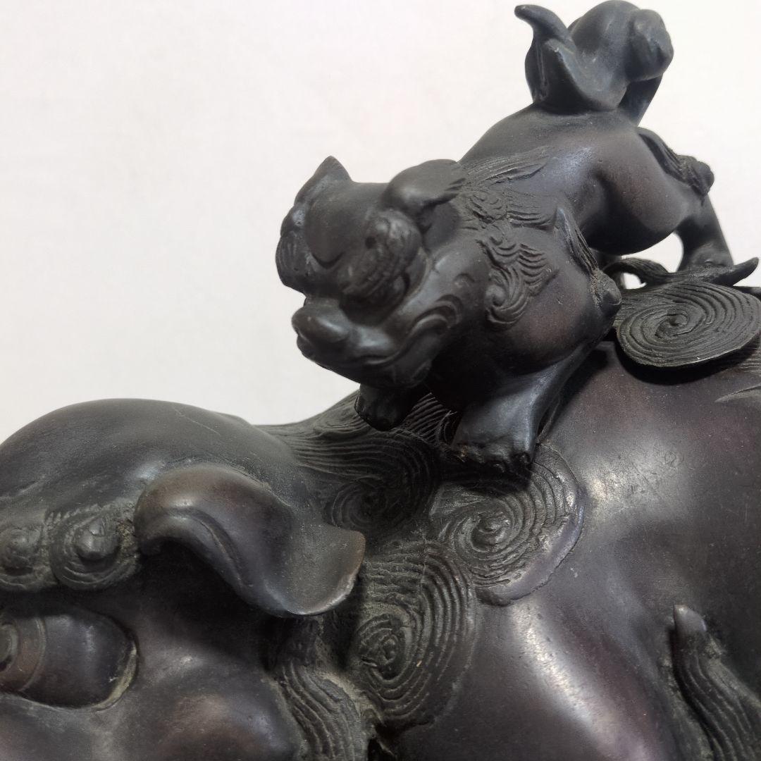 旧家　古い銅製　高炉　獅子　古銅宣徳銅　神獣　魔除　縁起物　彫金　玉獅子