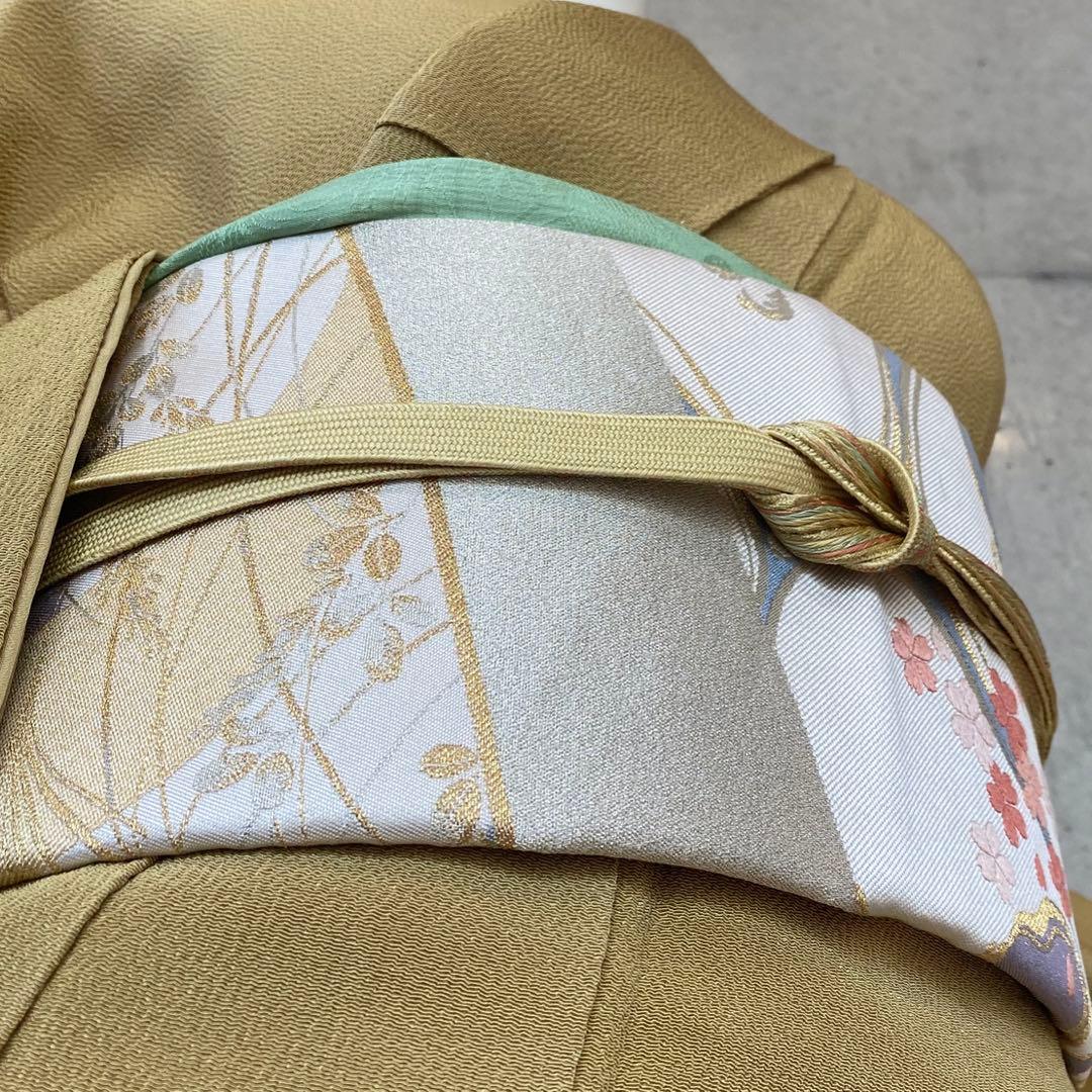 正絹　訪問着　一つ紋　くすみ黄色系　袷