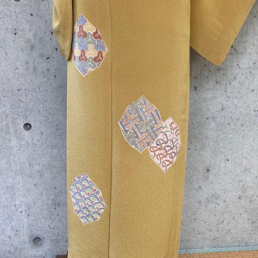 正絹　訪問着　一つ紋　くすみ黄色系　袷