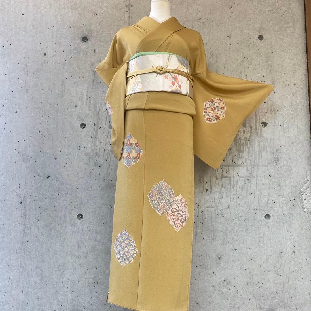 正絹　訪問着　一つ紋　くすみ黄色系　袷