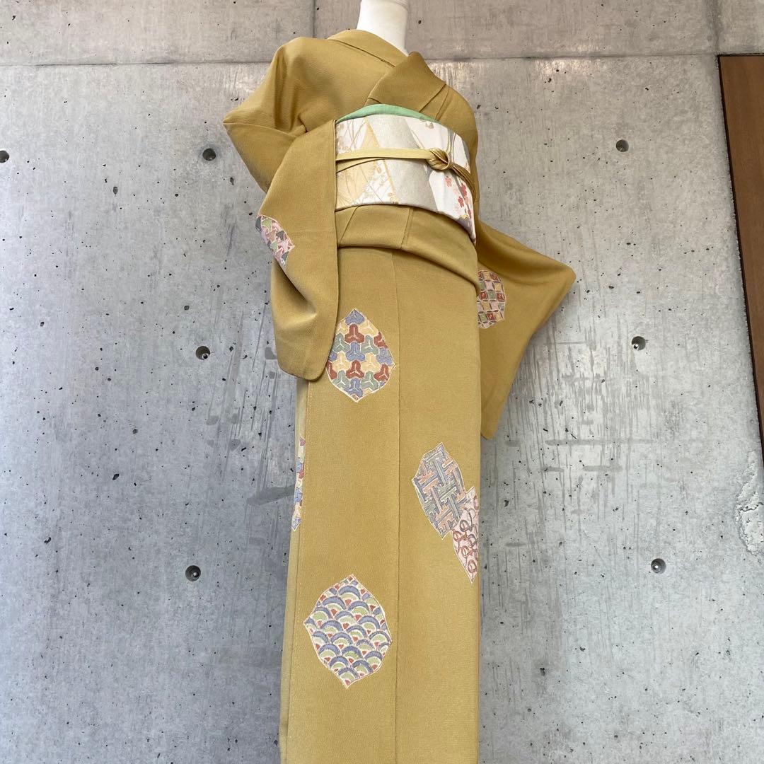 正絹　訪問着　一つ紋　くすみ黄色系　袷