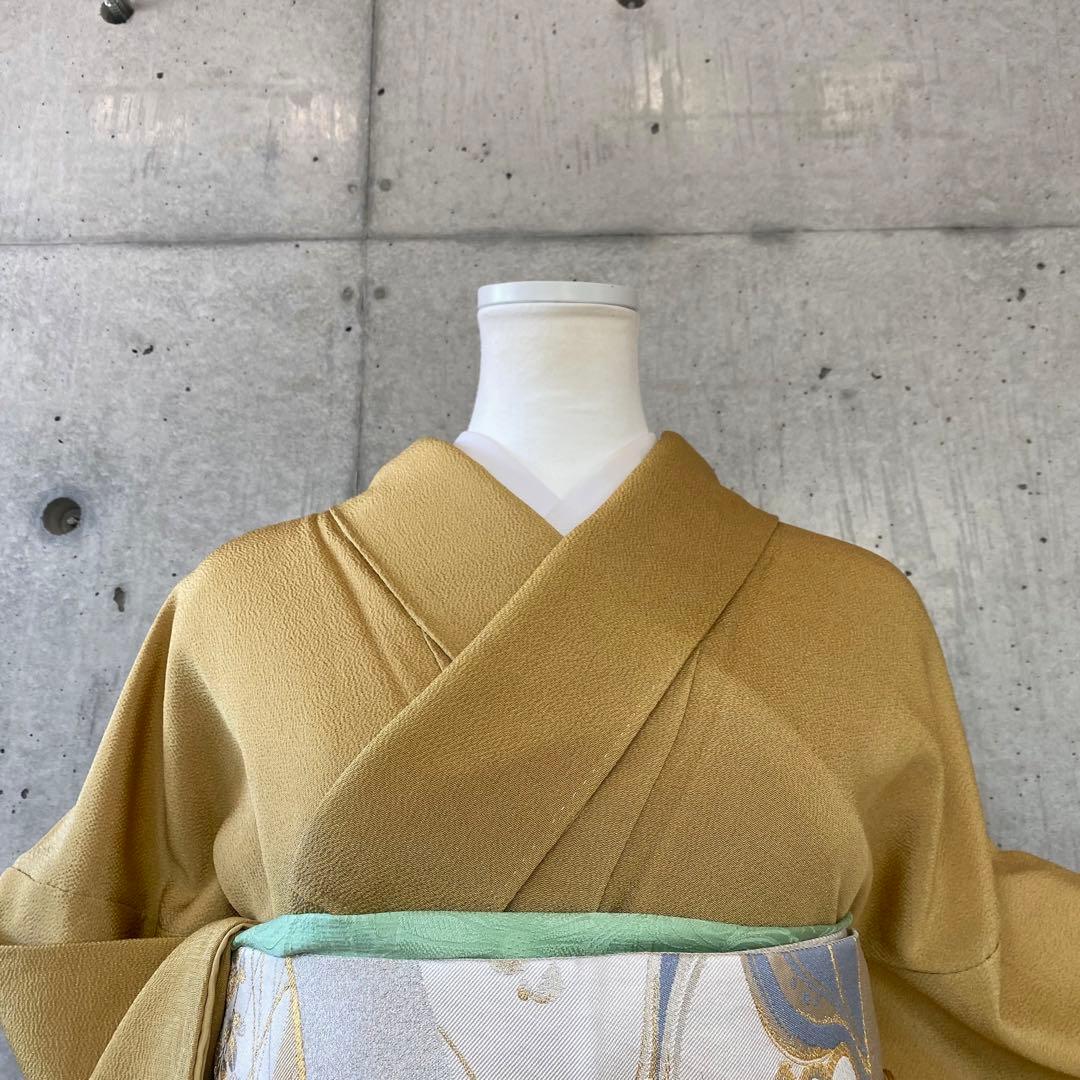 正絹　訪問着　一つ紋　くすみ黄色系　袷