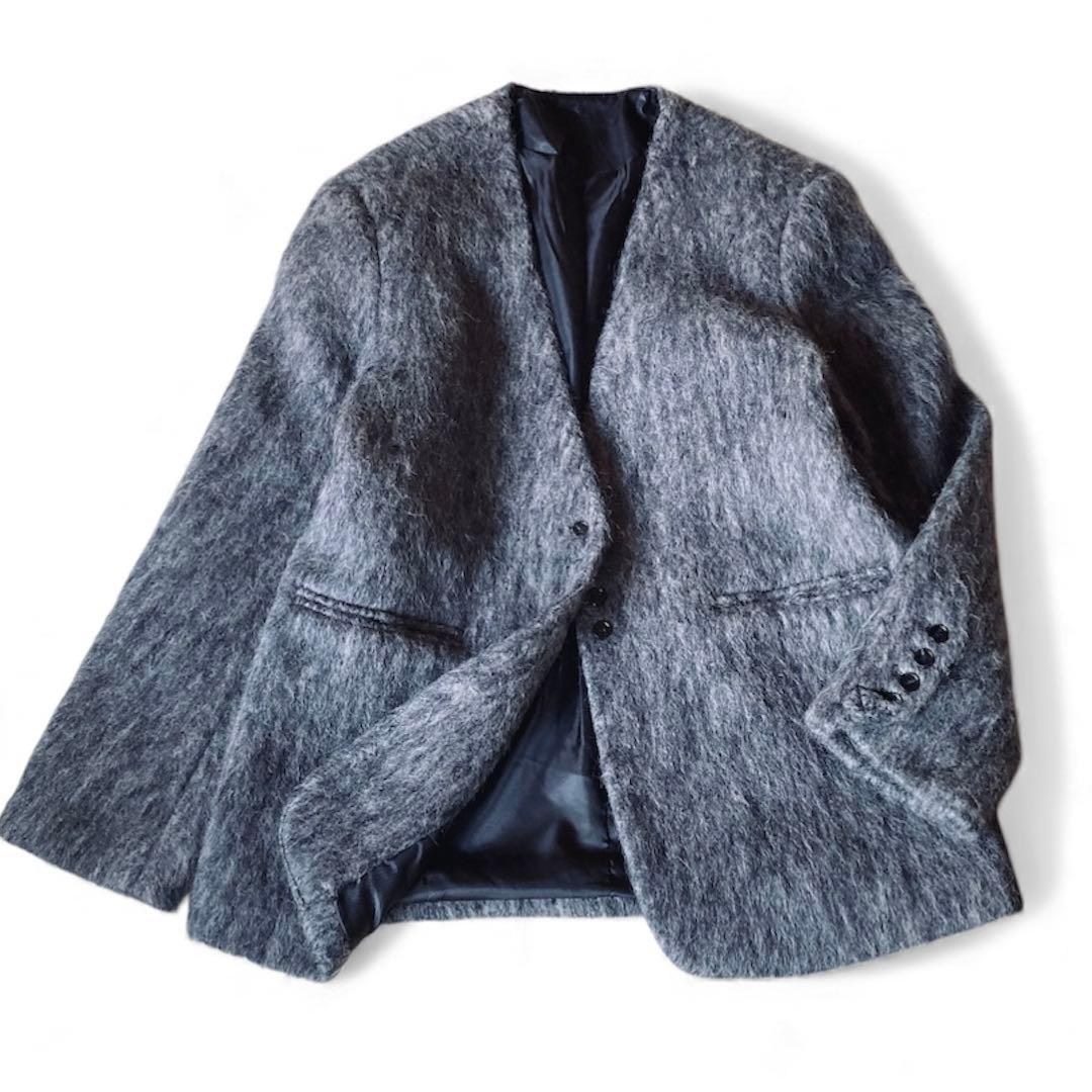 【美品】バースデーバッシュ ウール混 ノーカラー シャギー ジャケット グレー