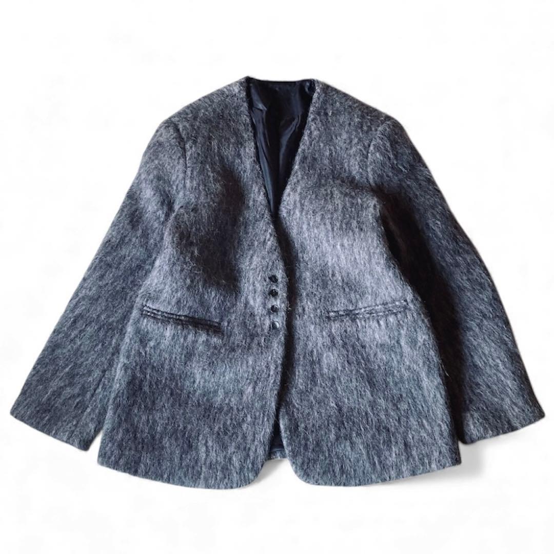【美品】バースデーバッシュ ウール混 ノーカラー シャギー ジャケット グレー