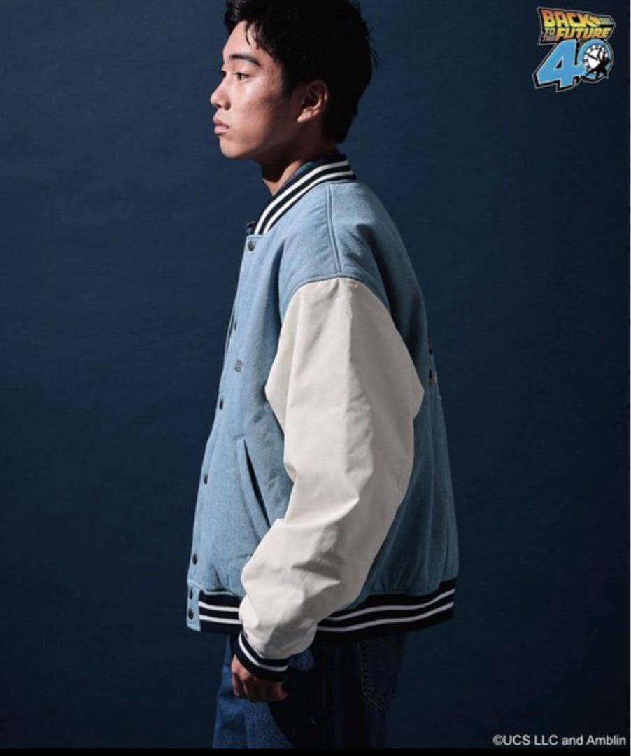 ニコアンド バックトゥザフューチャー BTTF 刺繍スタジャン ライトブルー