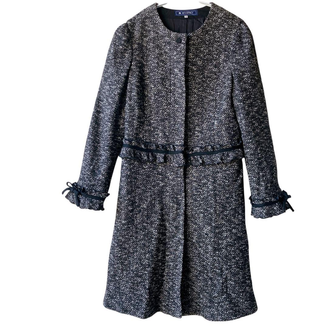 エムズグレイシー ロングコート ツィード ノーカラー フリル リボン 40