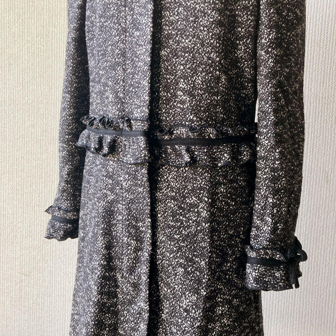 エムズグレイシー ロングコート ツィード ノーカラー フリル リボン 40