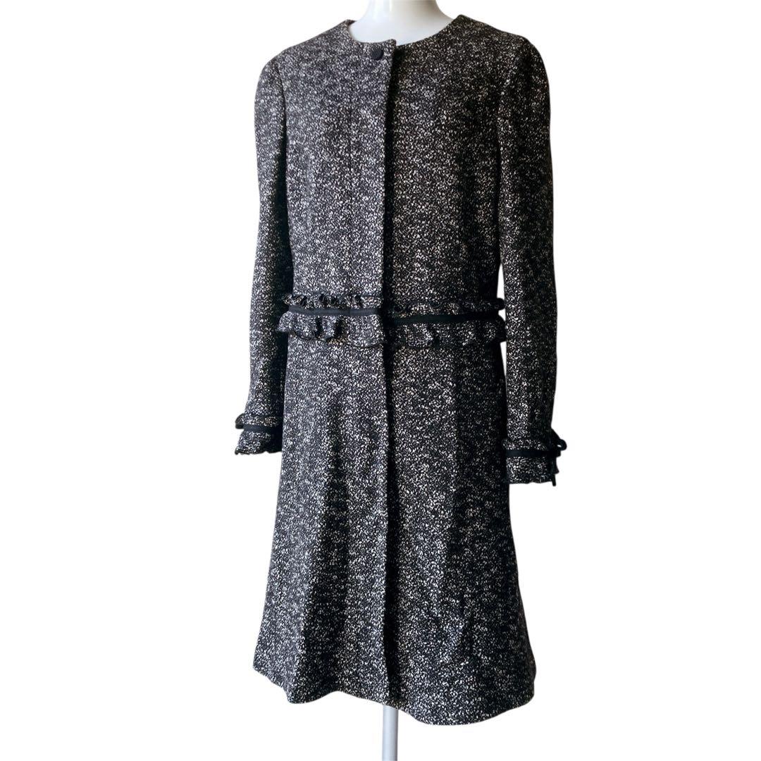 エムズグレイシー ロングコート ツィード ノーカラー フリル リボン 40