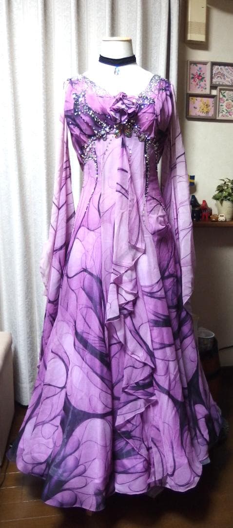 2/14迄【社交ダンス】タカダンス　パープルプリント柄　スタンダードドレス