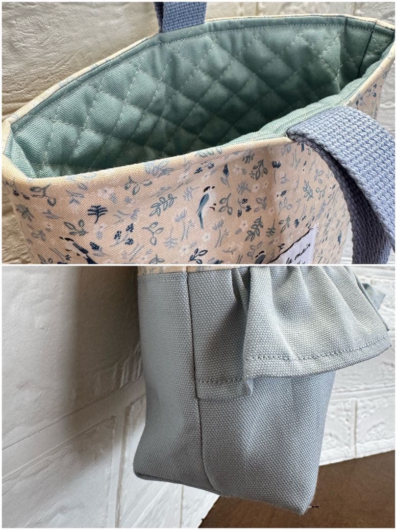 入園入学準備　基本セット　デコレクションズ　リバティ風　小鳥プリント　くすみ水色