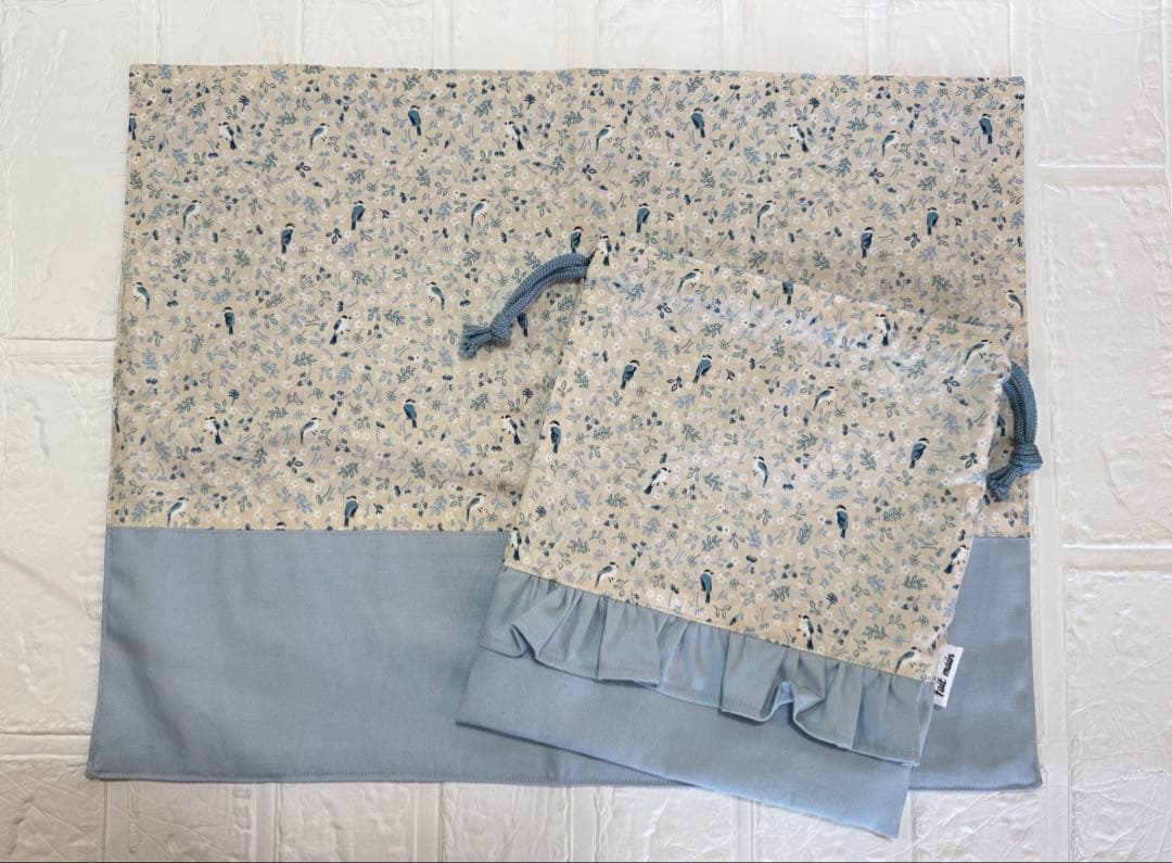 入園入学準備　基本セット　デコレクションズ　リバティ風　小鳥プリント　くすみ水色