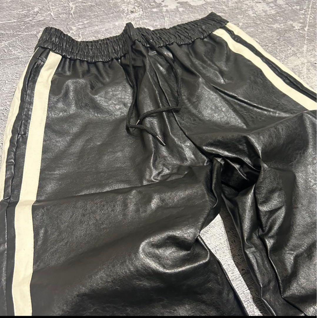 パンツ V6 -coating leather side line wide pants