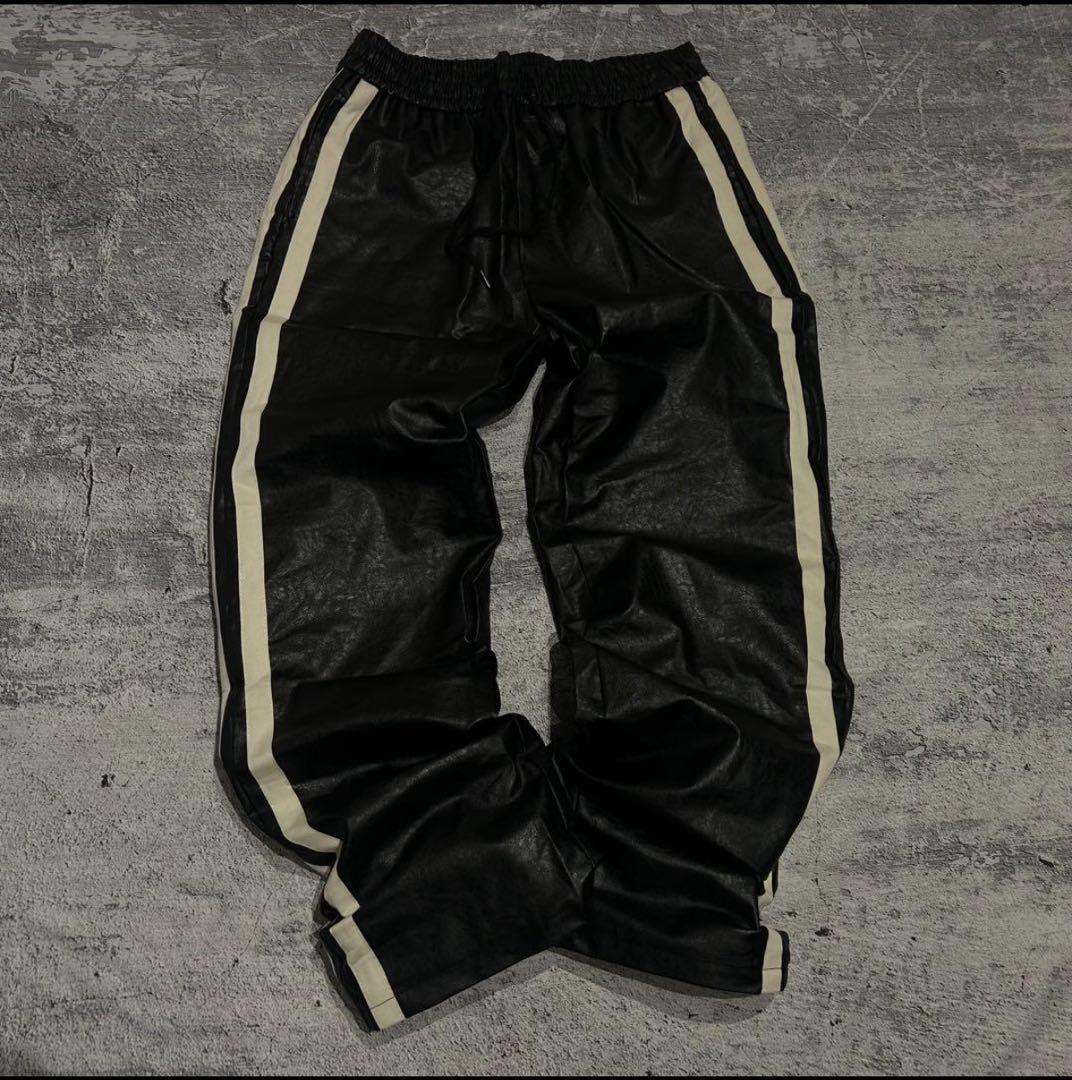 パンツ V6 -coating leather side line wide pants