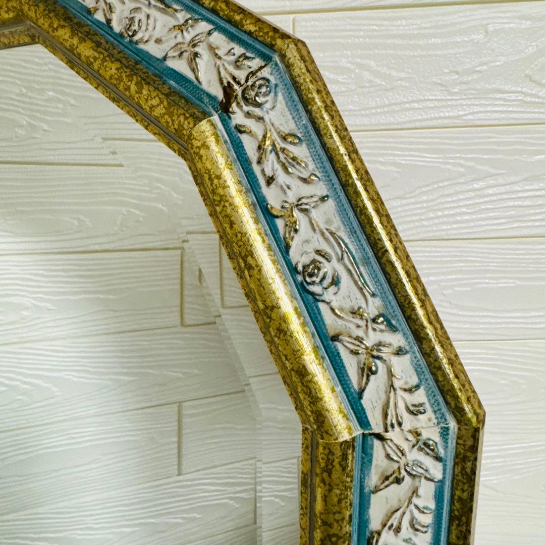 レア！ イタリア製　アンティーク ミラー 八角形 壁掛け鏡 淡いグリーン