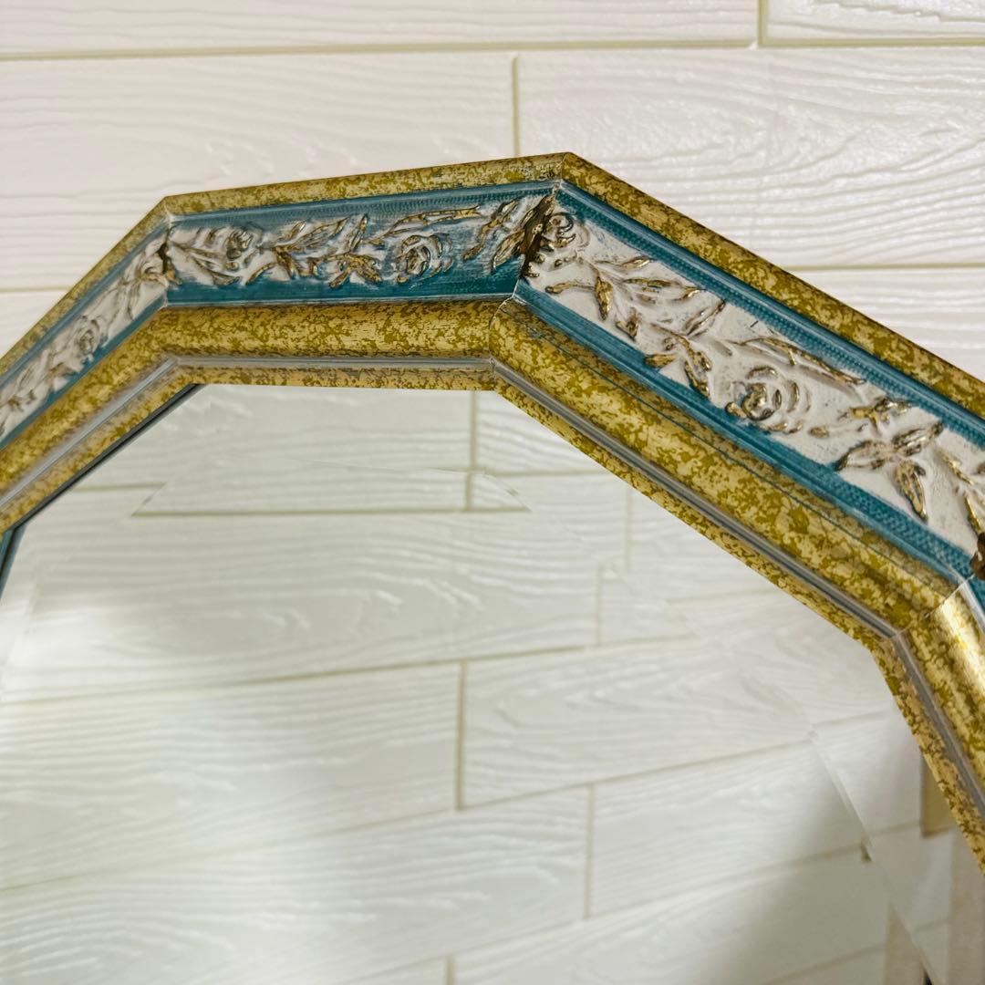 レア！ イタリア製　アンティーク ミラー 八角形 壁掛け鏡 淡いグリーン