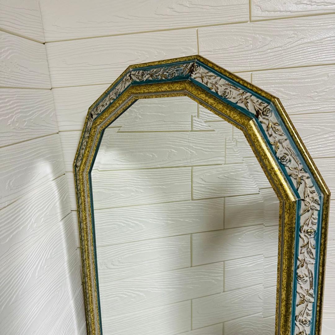 レア！ イタリア製　アンティーク ミラー 八角形 壁掛け鏡 淡いグリーン