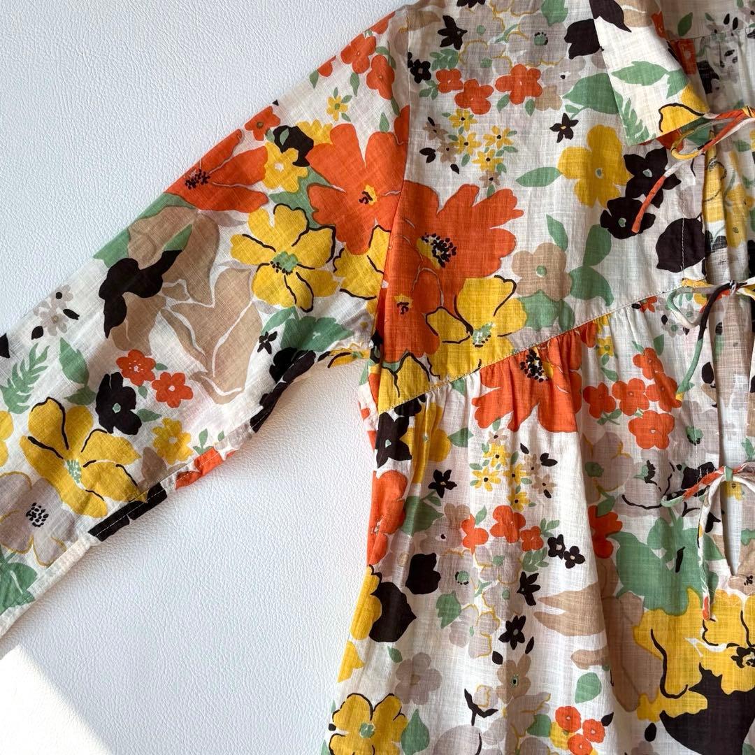 45rpm 長袖ブラウス　チュニック　花柄　マルチカラー　リボン　コットン100