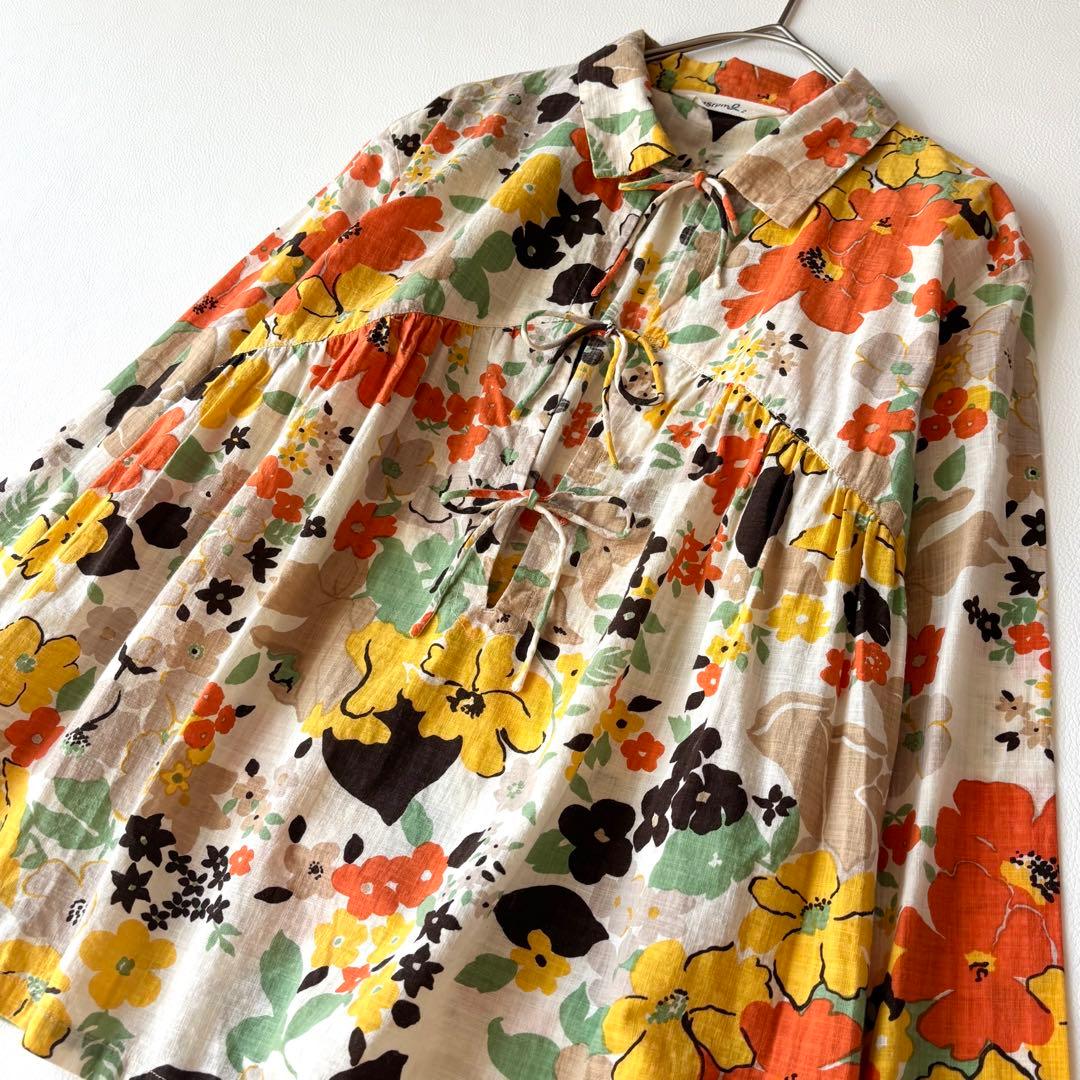 45rpm 長袖ブラウス　チュニック　花柄　マルチカラー　リボン　コットン100