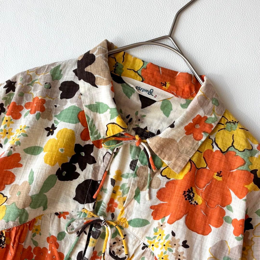 45rpm 長袖ブラウス　チュニック　花柄　マルチカラー　リボン　コットン100