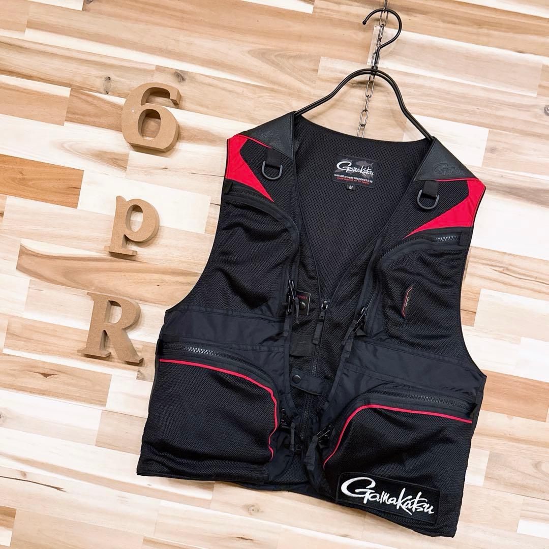 レア/廃番【がまかつ】フィッシングベストGM-2299 鮎ベスト釣り M 黒×赤