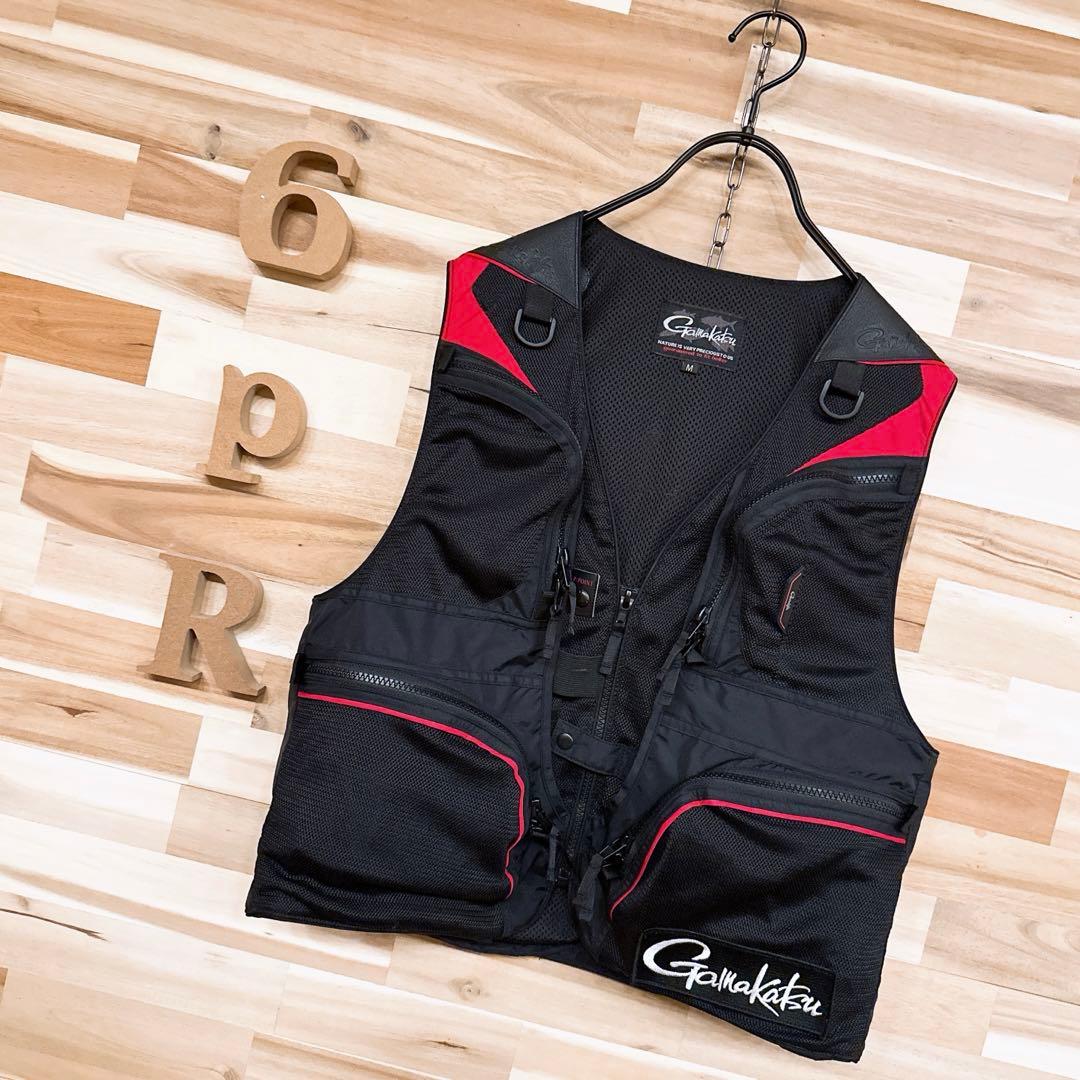 レア/廃番【がまかつ】フィッシングベストGM-2299 鮎ベスト釣り M 黒×赤