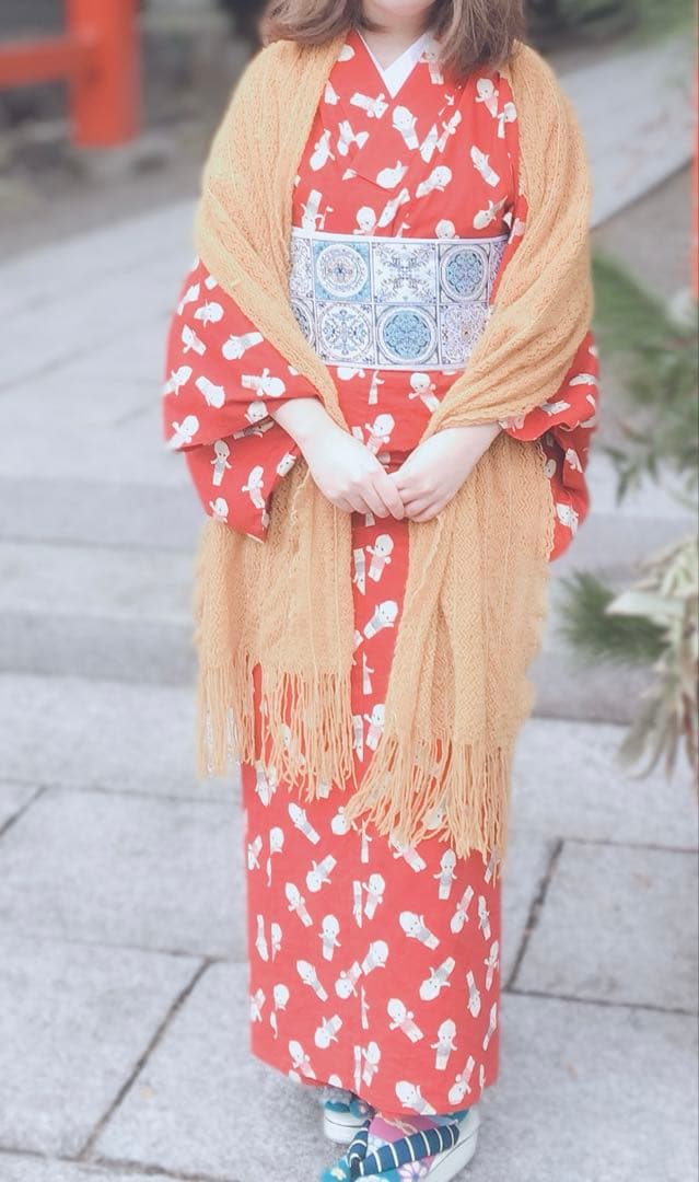 キューピー柄　小紋着物　洗える着物　赤　レア　綿